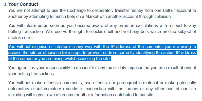 Extract from the Betfair rules